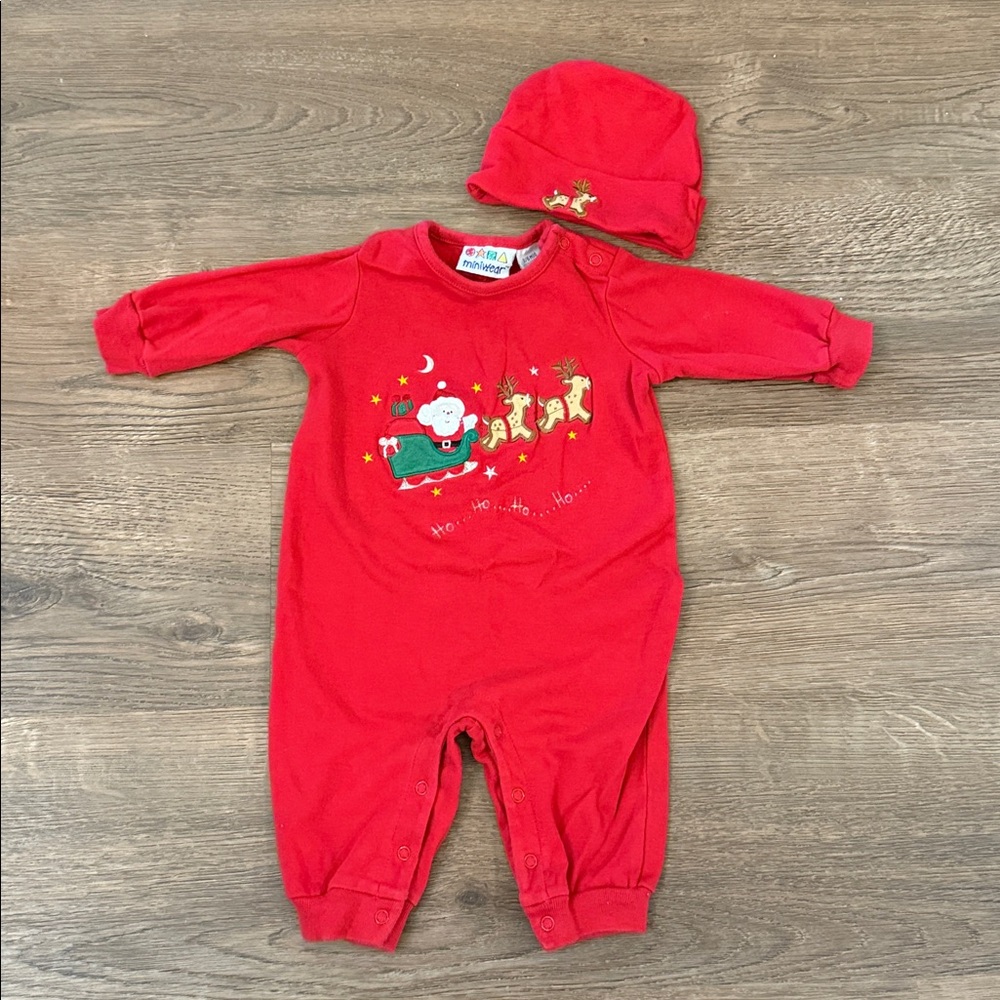 Miniwear Bright Red Santa Pjs and matching hat Size 3-6 mos